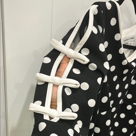 Shelby & Palmer Black and White Polka Dot Sheath Dress with Bell Sleeves - Picture 5 of 6